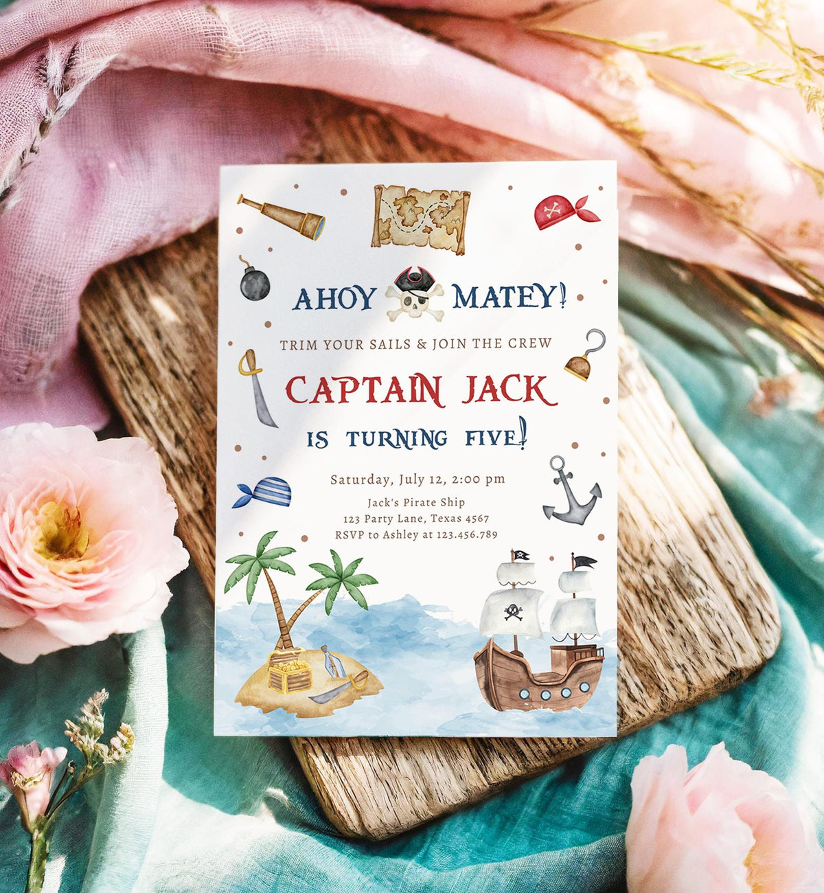 Editable Ahoy Matey Pirate Birthday Invitation Pirates Party Nautical Adventure Ship Treasure Island Digital Evite Template Printable 0531