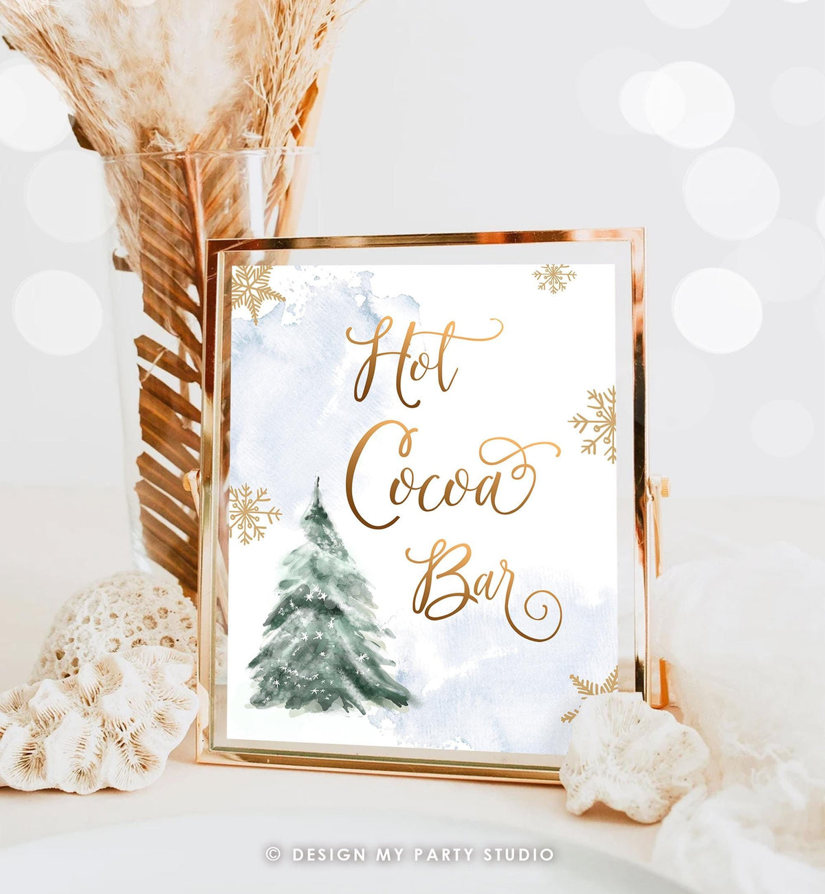 Hot Cocoa Bar Sign Winter Tree Watercolor Snow Boy Blue Gold Birthday Baby Shower Chocolate Bar Drink Station Download Printable 0363