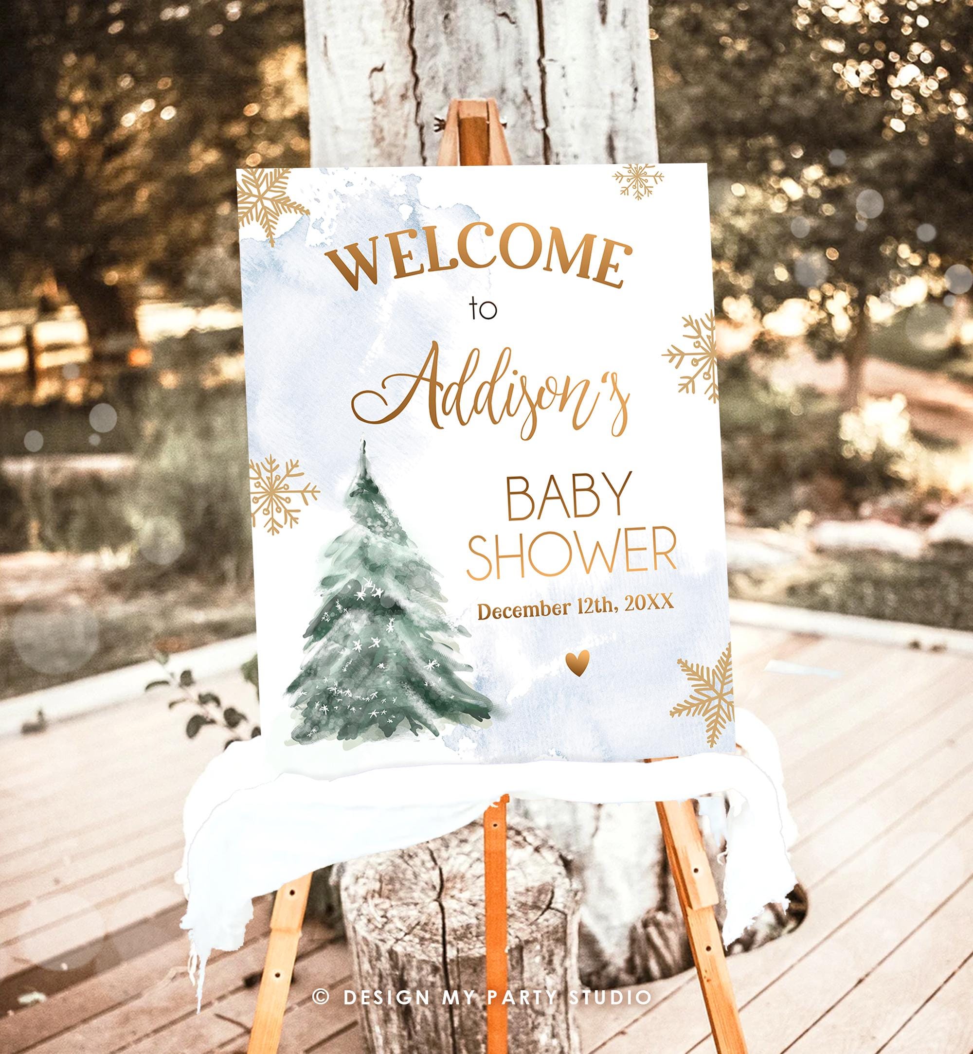 Editable Winter Tree Welcome Sign Tree Watercolor Baby Shower Boy Baby It's Cold Outside Snowflake Blue Gold Digital Template Printable 0363