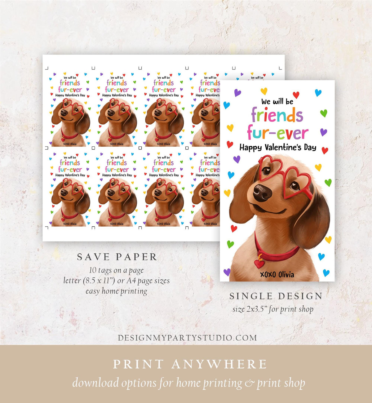 Editable Valentine&#39;s Day Tag Friends Fur-ever Dog Valentine Gift Tag Puppy Kids School Classroom Funny Card Digital Template Printable 0370
