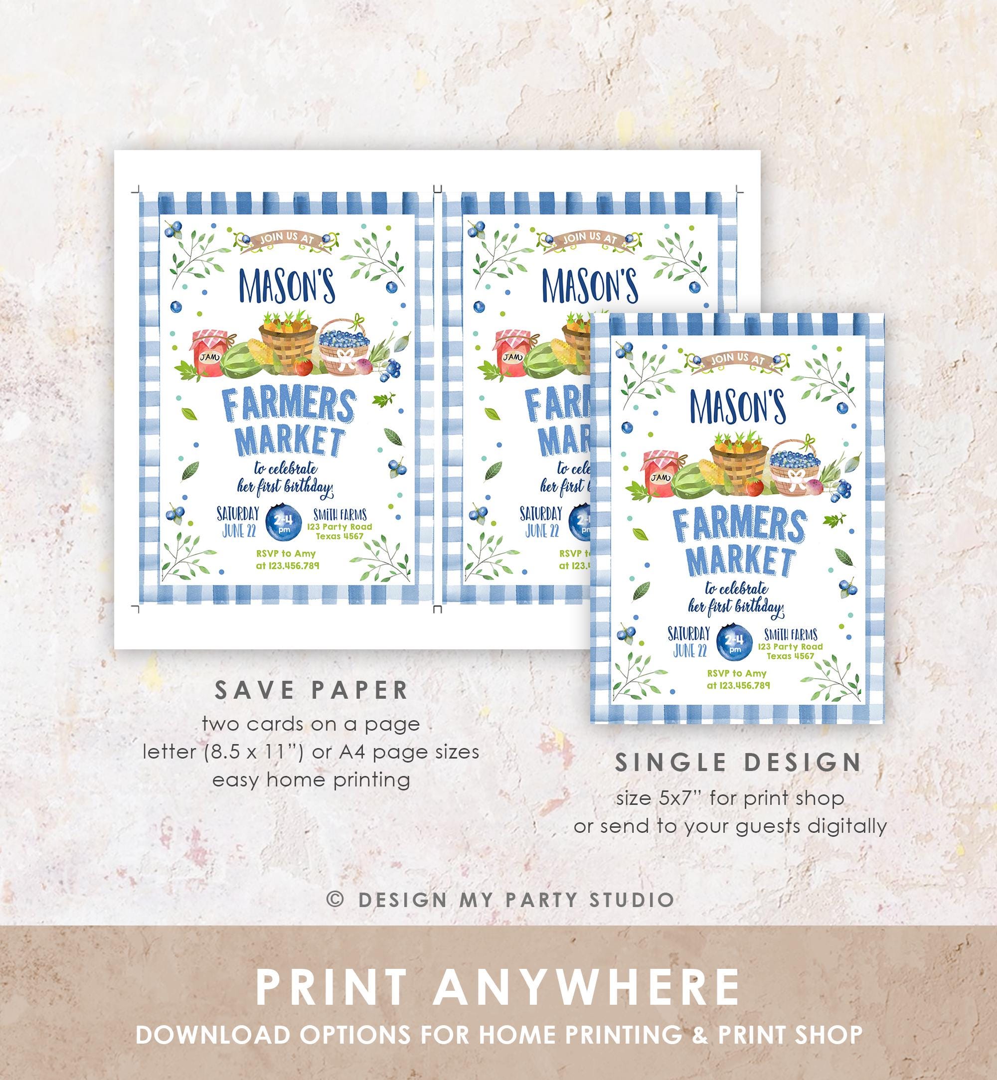 Editable Farmers Market Birthday Invitation Blueberry Strawberry Farm Party Fruits Market Home Grown Digital Evite Template Printable 0144