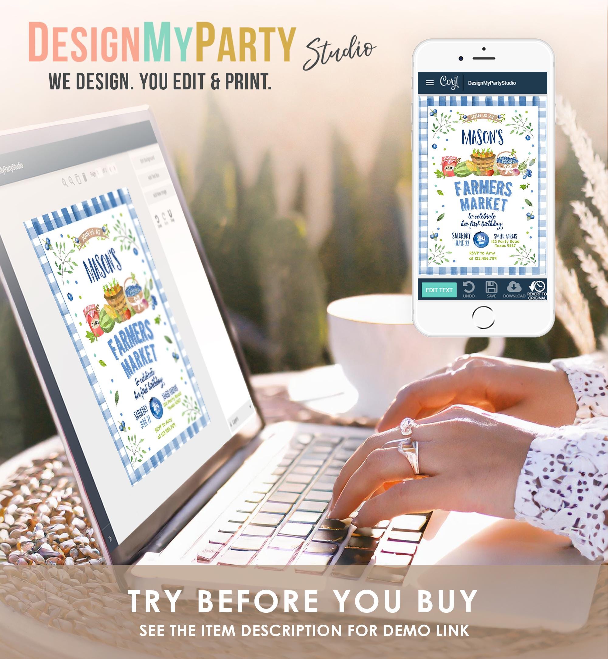 Editable Farmers Market Birthday Invitation Blueberry Strawberry Farm Party Fruits Market Home Grown Digital Evite Template Printable 0144