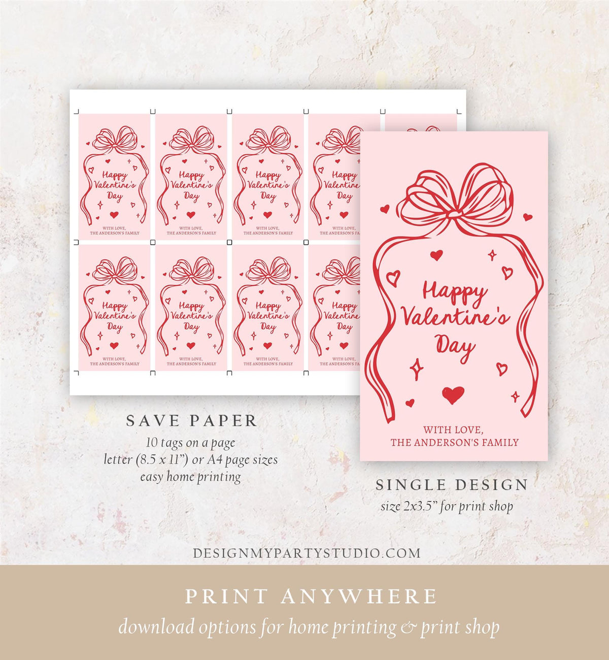 Editable Valentine&#39;s Day Tag Pink Red Bow Valentine Gift Tag Doodle Hand Drawn Coquette Kids Teacher Digital Template Printable 0370 0530