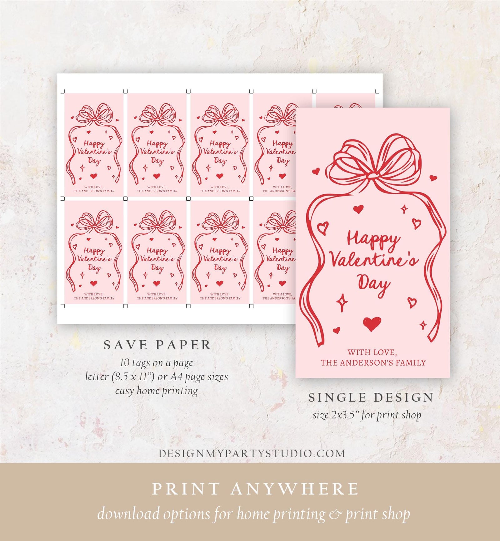 Editable Valentine's Day Tag Pink Red Bow Valentine Gift Tag Doodle Hand Drawn Coquette Kids Teacher Digital Template Printable 0370 0530