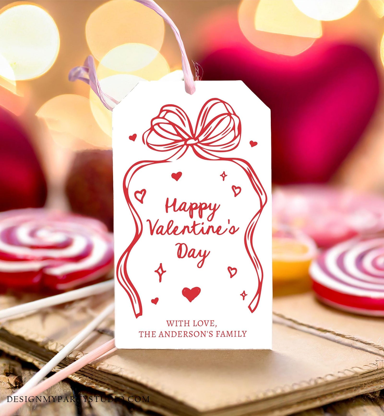 Editable Valentine's Day Tag Pink Red Bow Valentine Gift Tag Doodle Hand Drawn Coquette Kids Teacher Digital Template Printable 0370 0530
