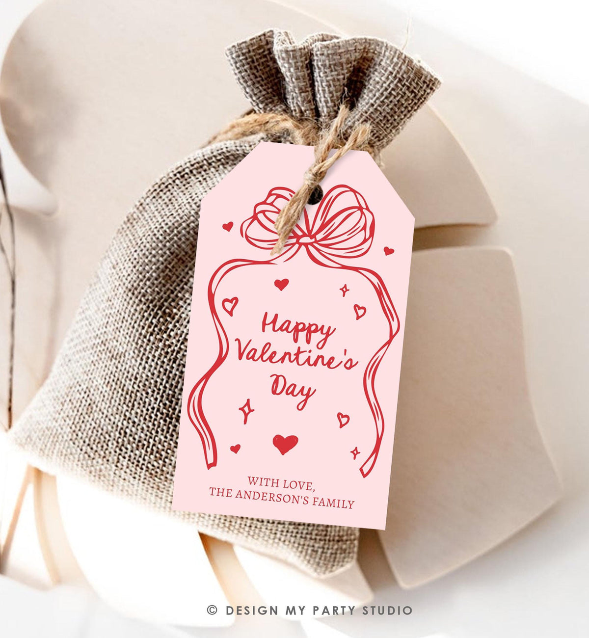 Editable Valentine&#39;s Day Tag Pink Red Bow Valentine Gift Tag Doodle Hand Drawn Coquette Kids Teacher Digital Template Printable 0370 0530