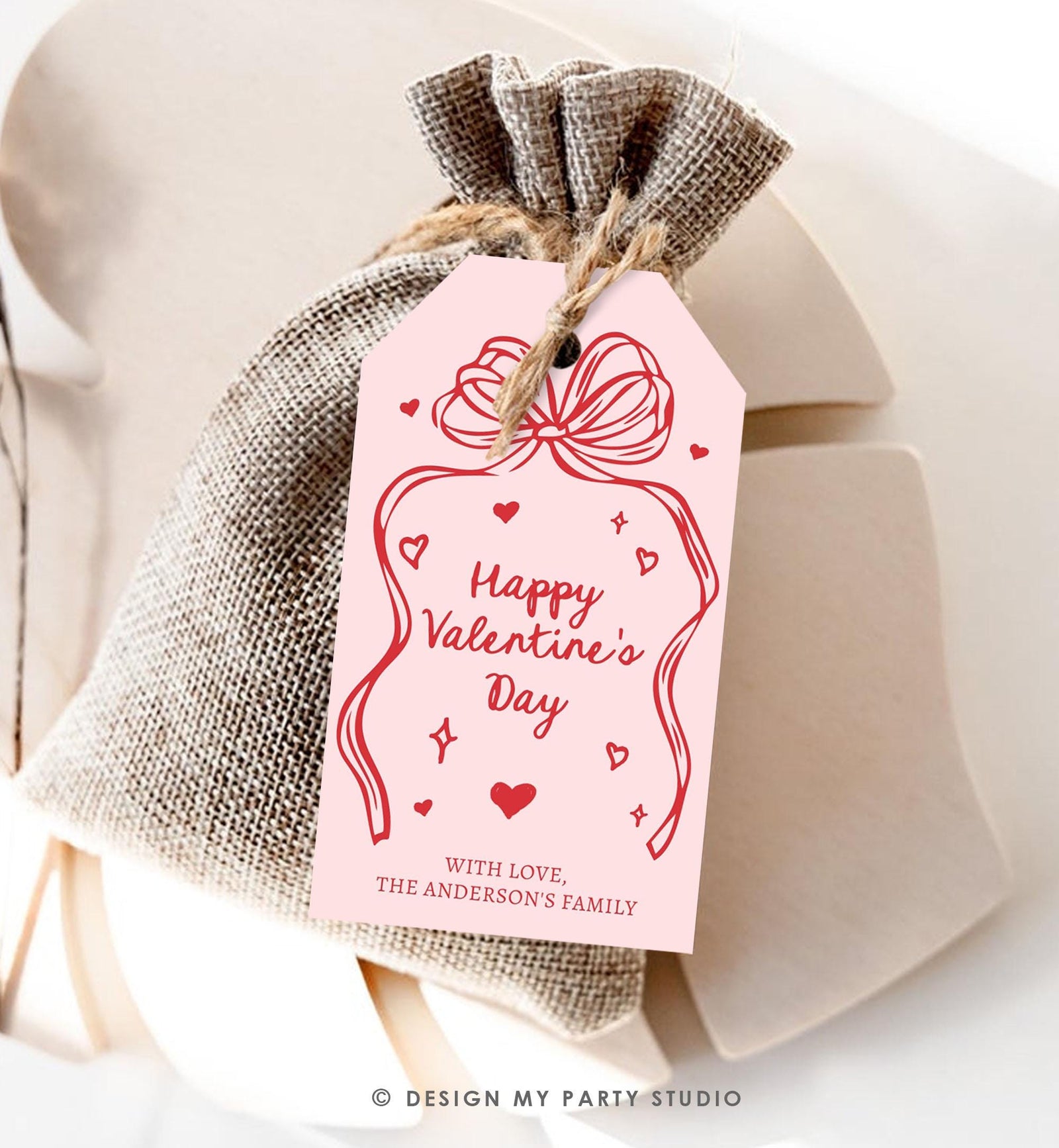 Editable Valentine's Day Tag Pink Red Bow Valentine Gift Tag Doodle Hand Drawn Coquette Kids Teacher Digital Template Printable 0370 0530