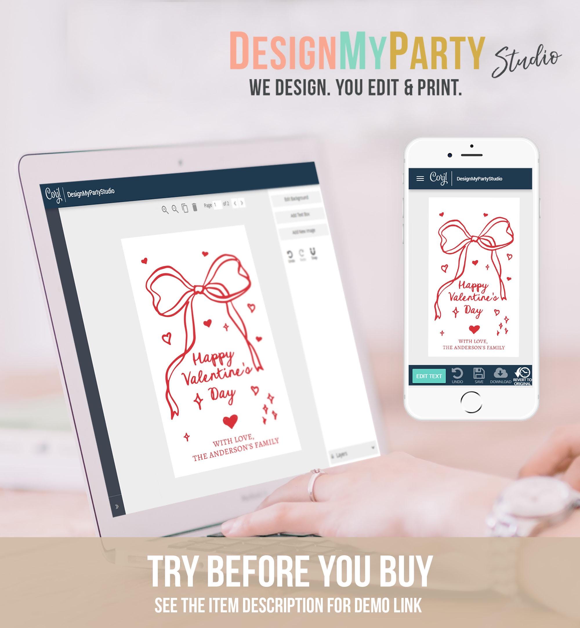 Editable Valentine's Day Tag Pink Red Bow Valentine Gift Tag Doodle Hand Drawn Coquette Kids Teacher Digital Template Printable 0370 0530