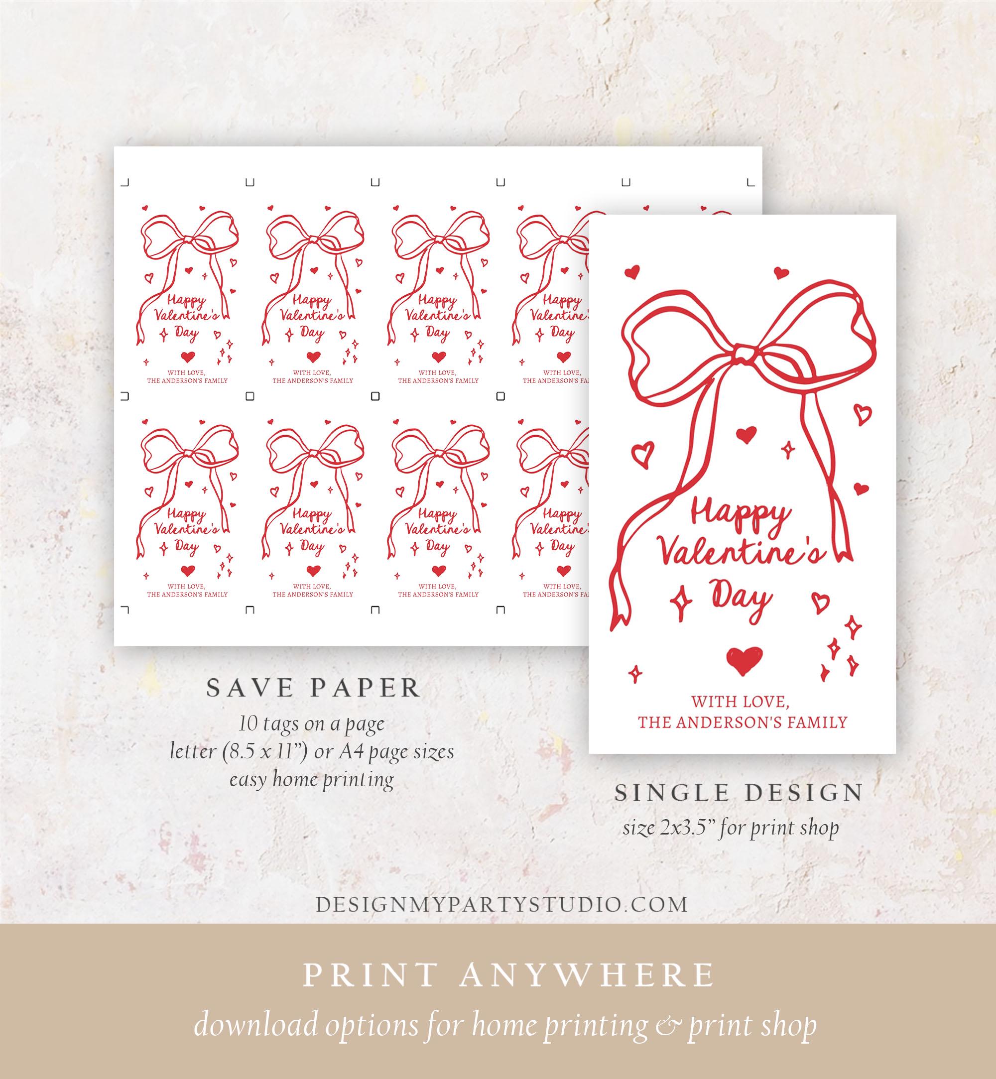 Editable Valentine's Day Tag Pink Red Bow Valentine Gift Tag Doodle Hand Drawn Coquette Kids Teacher Digital Template Printable 0370 0530