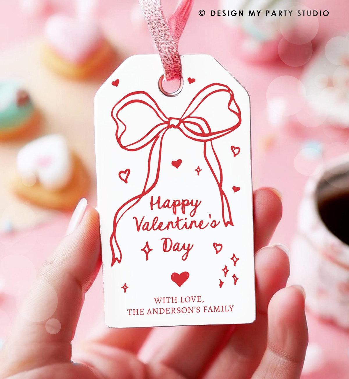 Editable Valentine&#39;s Day Tag Pink Red Bow Valentine Gift Tag Doodle Hand Drawn Coquette Kids Teacher Digital Template Printable 0370 0530