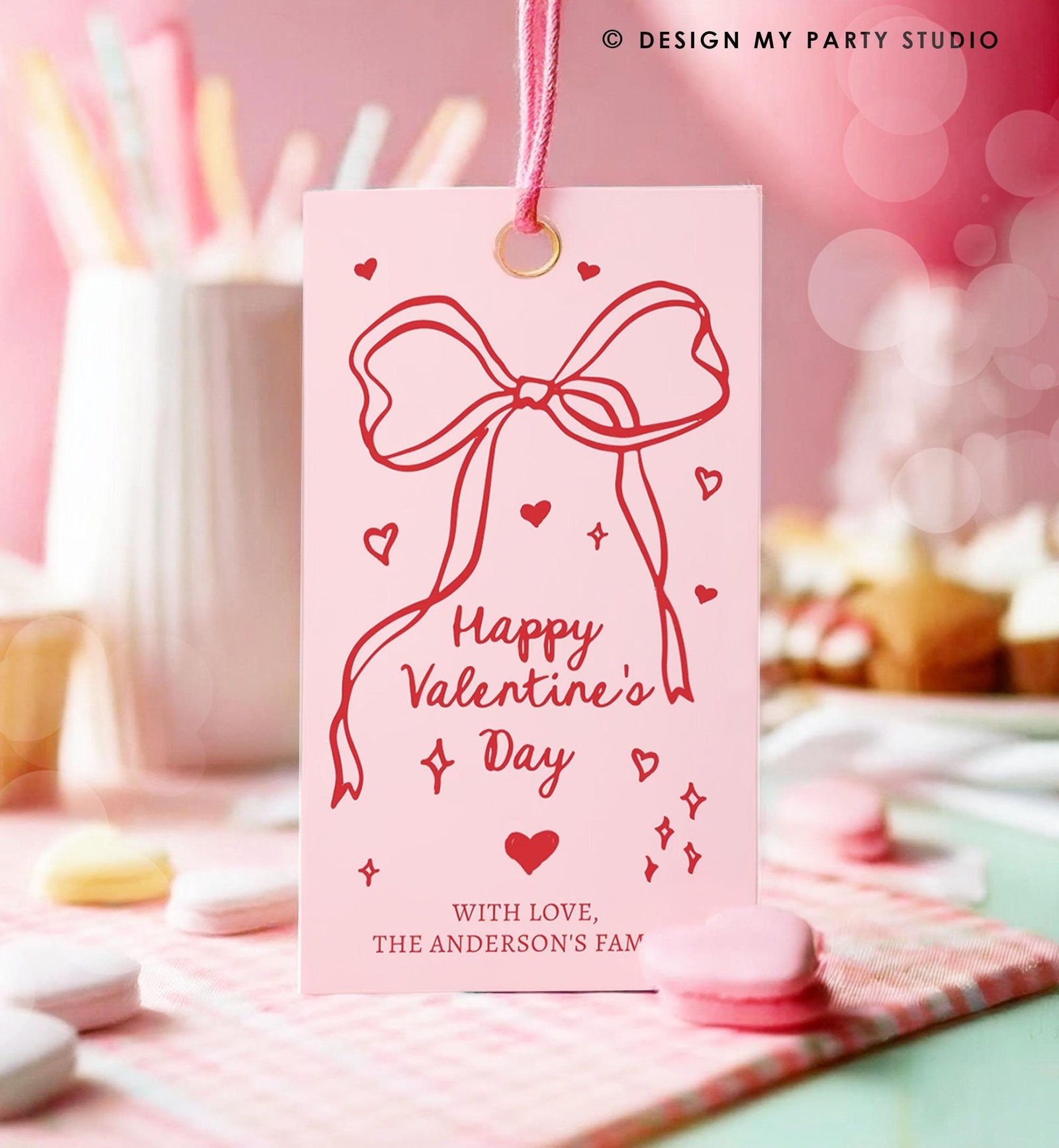 Editable Valentine's Day Tag Pink Red Bow Valentine Gift Tag Doodle Hand Drawn Coquette Kids Teacher Digital Template Printable 0370 0530