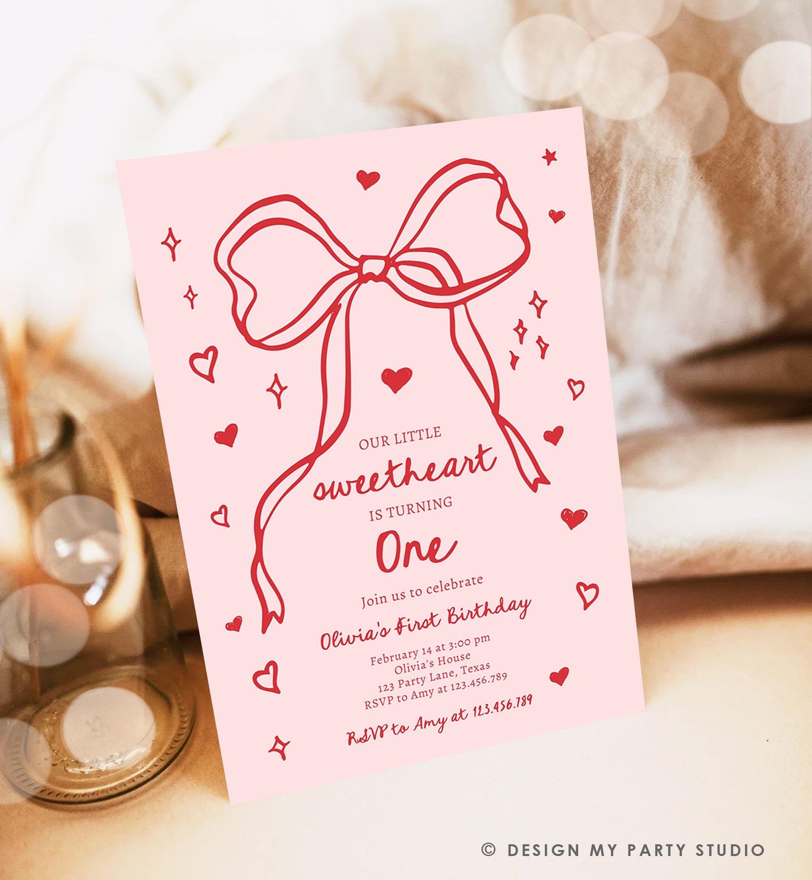 Editable Sweetheart Birthday Invitation Girls Pink Hearts Valentine Birthday 1st Hand Drawn Coquette Bow Doodle Evite Template Digital 0530