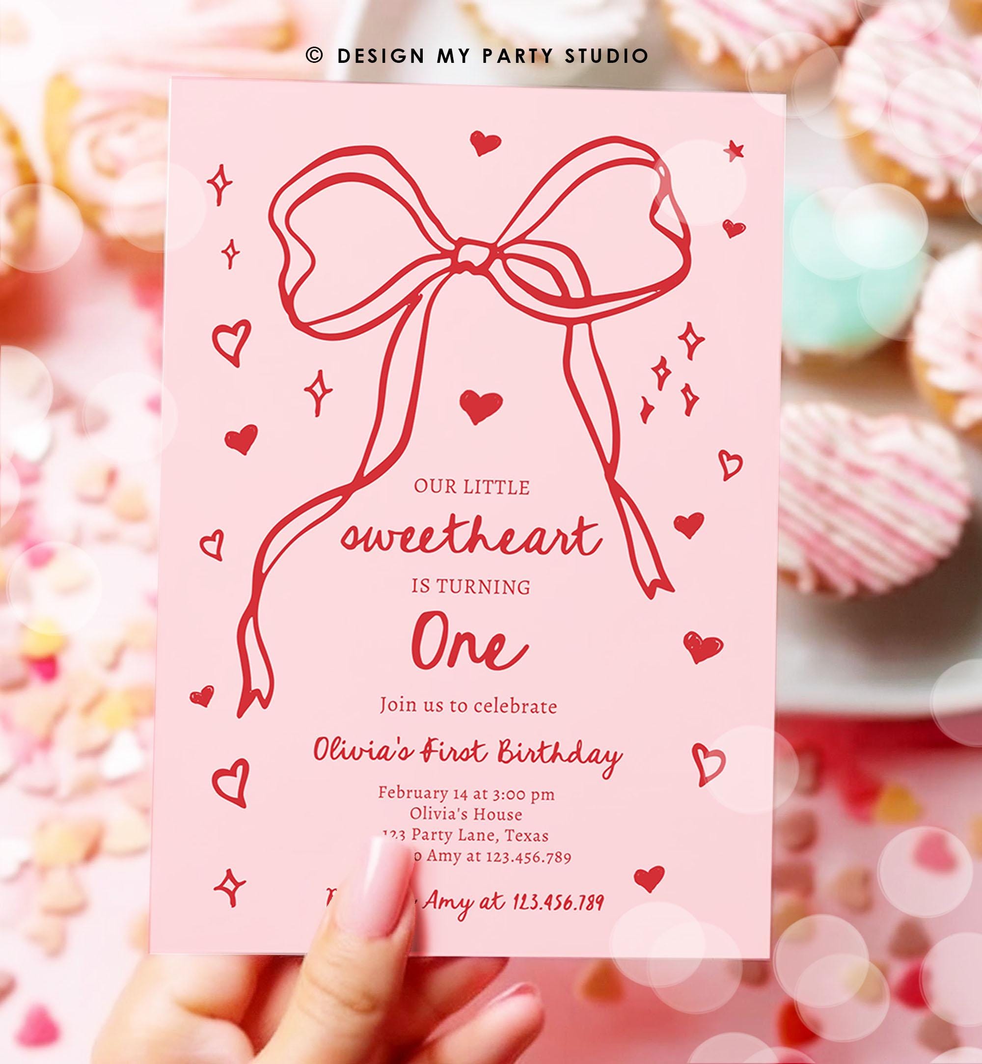 Editable Sweetheart Birthday Invitation Girls Pink Hearts Valentine Birthday 1st Hand Drawn Coquette Bow Doodle Evite Template Digital 0530