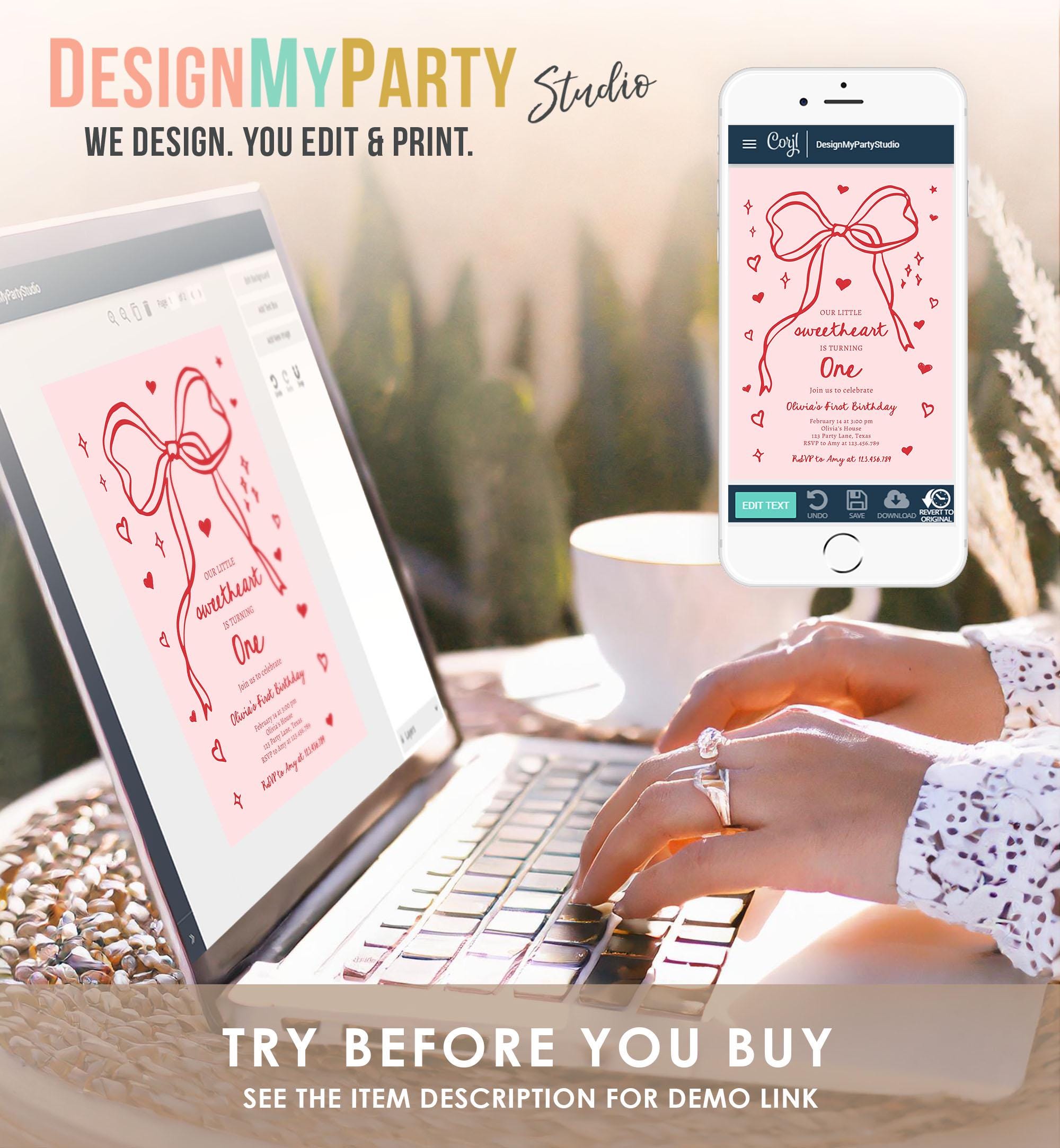 Editable Sweetheart Birthday Invitation Girls Pink Hearts Valentine Birthday 1st Hand Drawn Coquette Bow Doodle Evite Template Digital 0530