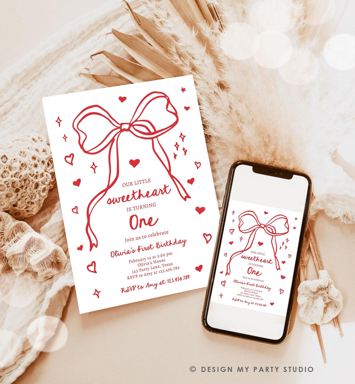 Editable Sweetheart Birthday Invitation Girls Pink Hearts Valentine Birthday 1st Hand Drawn Coquette Bow Doodle Evite Template Digital 0530