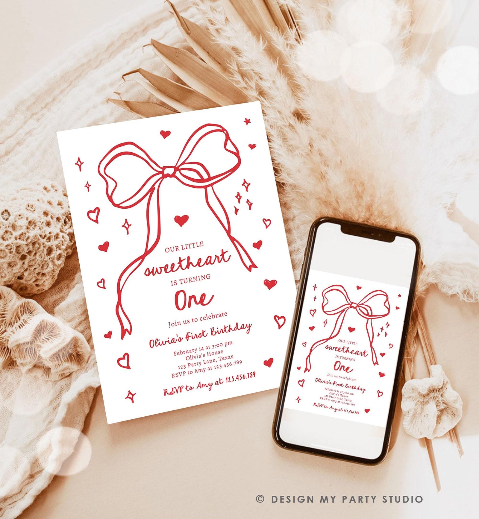 Editable Sweetheart Birthday Invitation Girls Pink Hearts Valentine Birthday 1st Hand Drawn Coquette Bow Doodle Evite Template Digital 0530