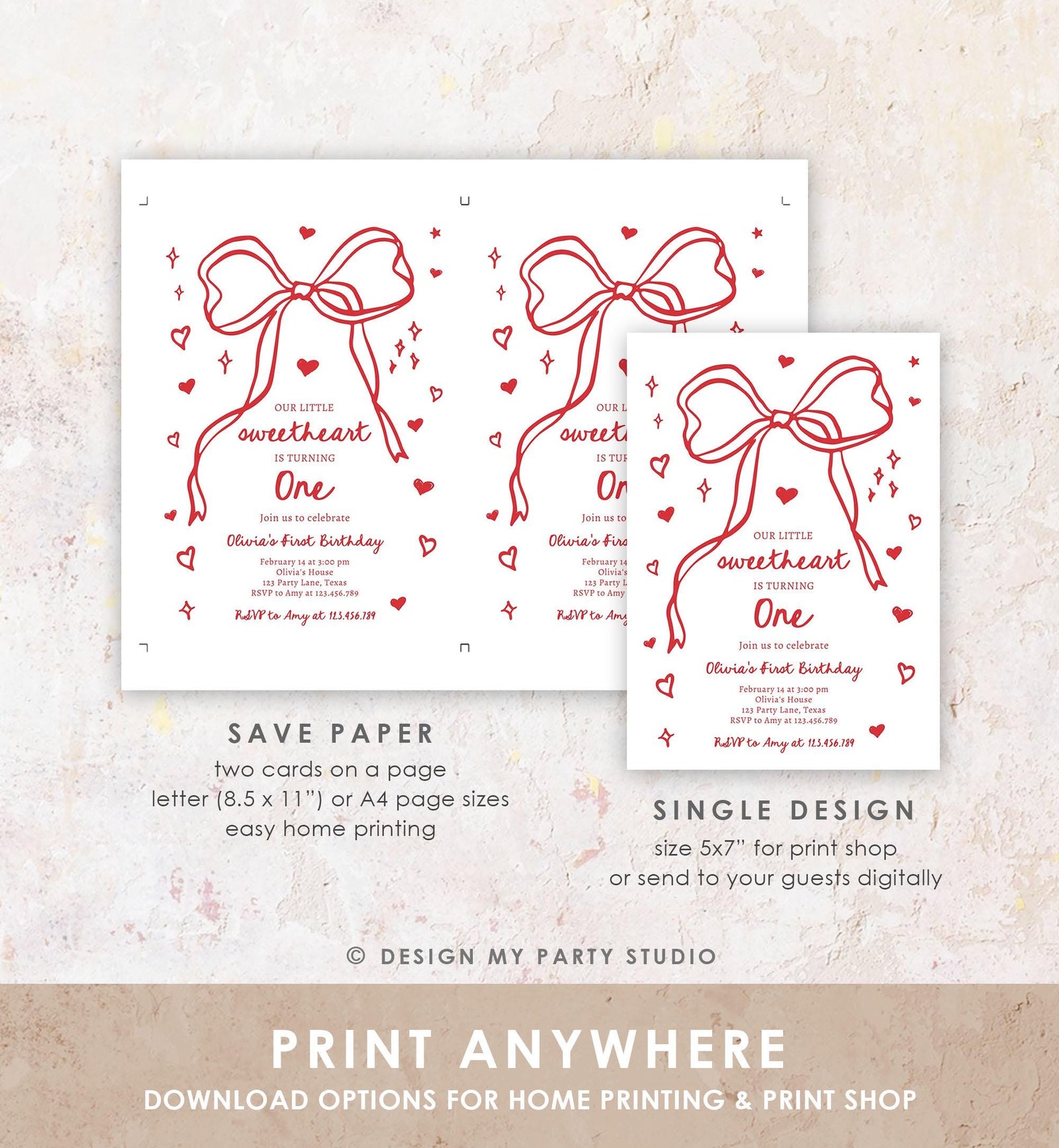 Editable Sweetheart Birthday Invitation Girls Pink Hearts Valentine Birthday 1st Hand Drawn Coquette Bow Doodle Evite Template Digital 0530