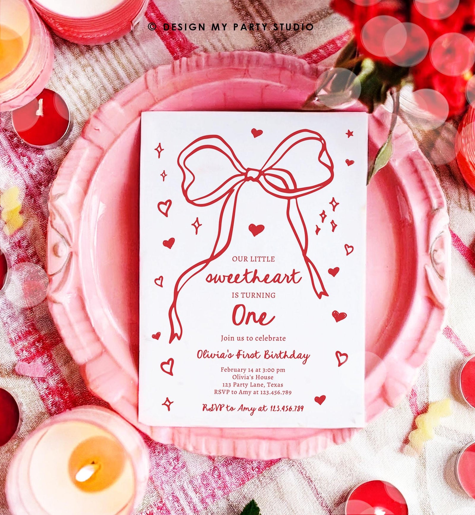 Editable Sweetheart Birthday Invitation Girls Pink Hearts Valentine Birthday 1st Hand Drawn Coquette Bow Doodle Evite Template Digital 0530