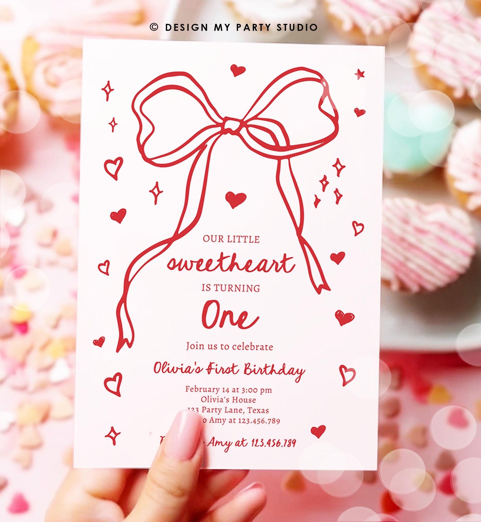 Editable Sweetheart Birthday Invitation Girls Pink Hearts Valentine Birthday 1st Hand Drawn Coquette Bow Doodle Evite Template Digital 0530