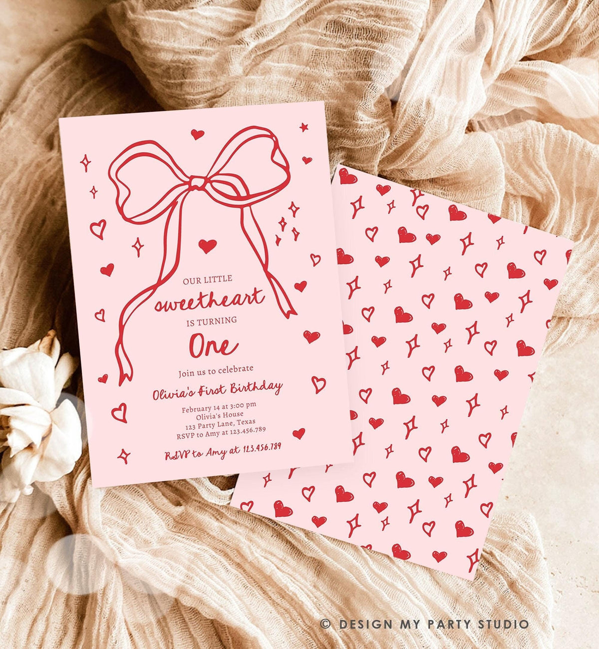 Editable Sweetheart Birthday Invitation Girls Pink Hearts Valentine Birthday 1st Hand Drawn Coquette Bow Doodle Evite Template Digital 0530