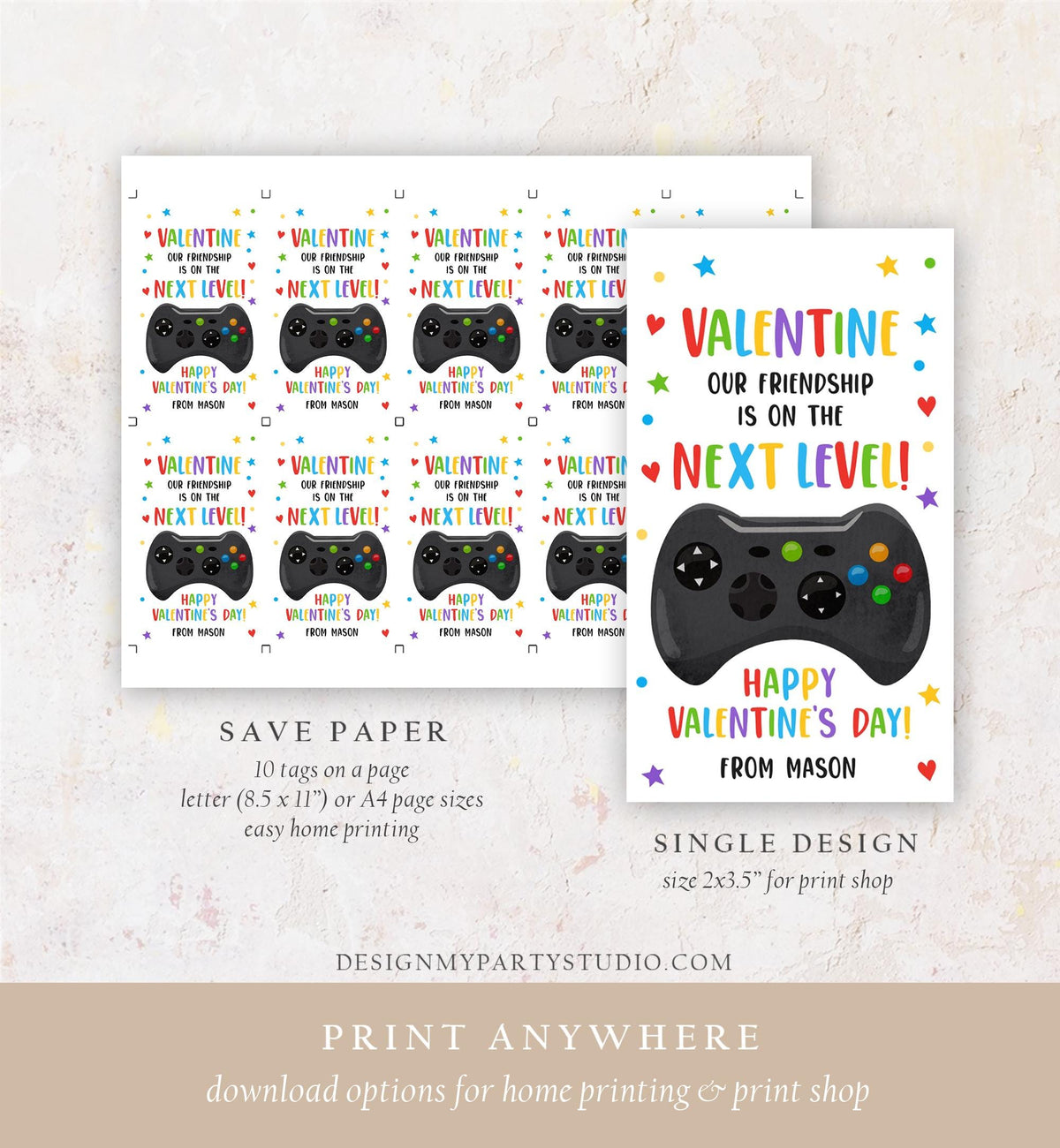 Editable Next Level Gaming Valentines Day Gift Tag Our Friendship Video Game Gamer Non-Candy Kids School Classroom Template Printable 0370