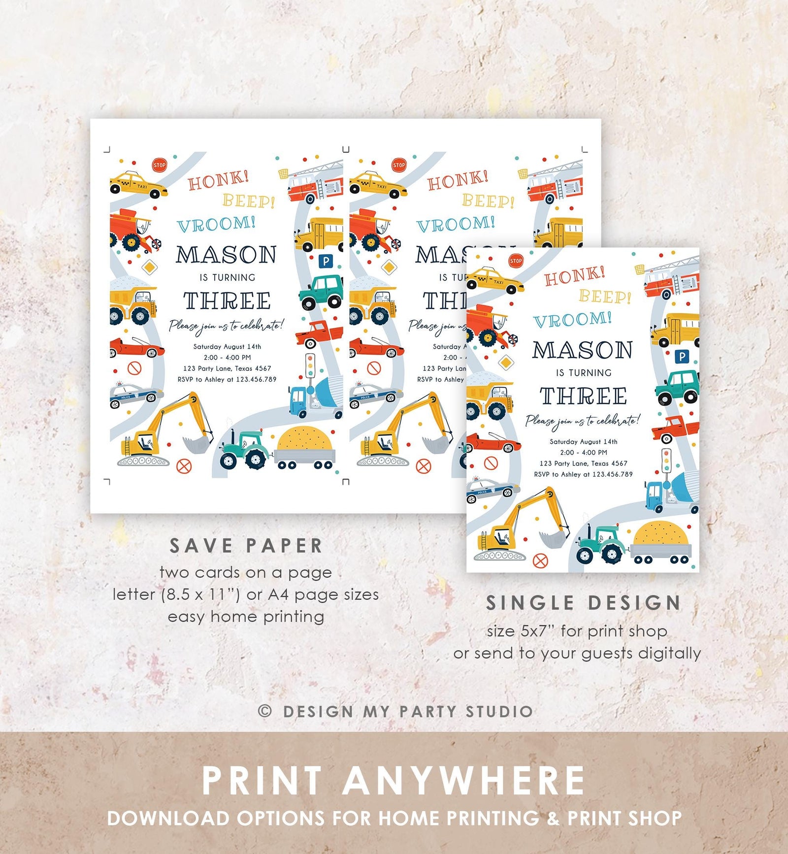 Editable Transportation Birthday Invitation Honk Beep Vroom Truck Cars Transport Boy Modern Digital Download Evite Template Printable 0533