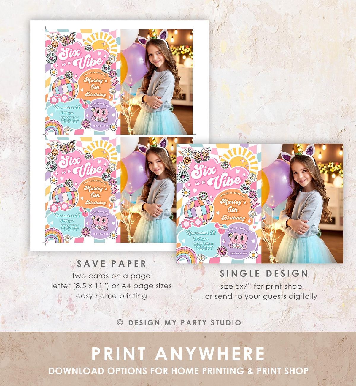 Editable Six is a Vibe Groovy 6th Birthday Party Invitation Groovy Hippie Peace Preppy Varsity Disco Digital Evite Template Printable 0524