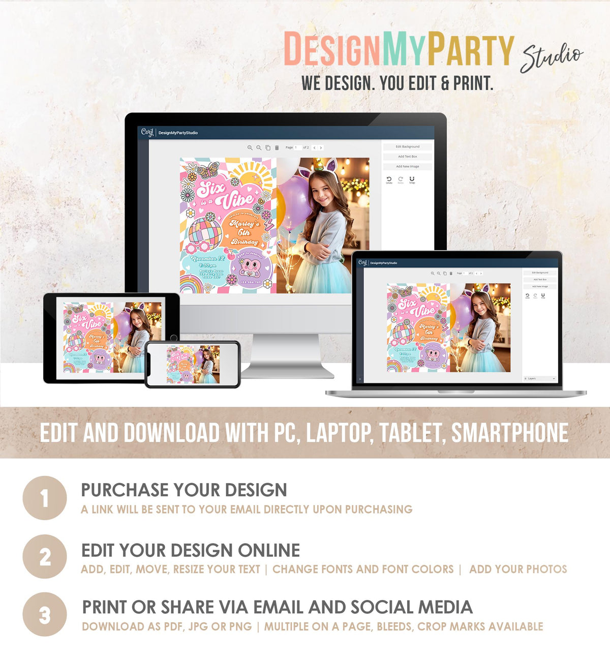 Editable Six is a Vibe Groovy 6th Birthday Party Invitation Groovy Hippie Peace Preppy Varsity Disco Digital Evite Template Printable 0524