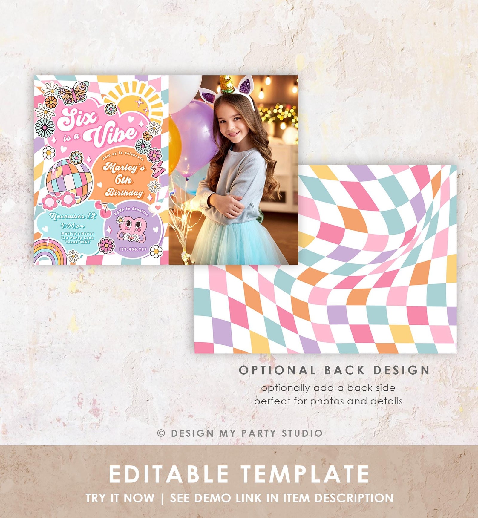 Editable Six is a Vibe Groovy 6th Birthday Party Invitation Groovy Hippie Peace Preppy Varsity Disco Digital Evite Template Printable 0524