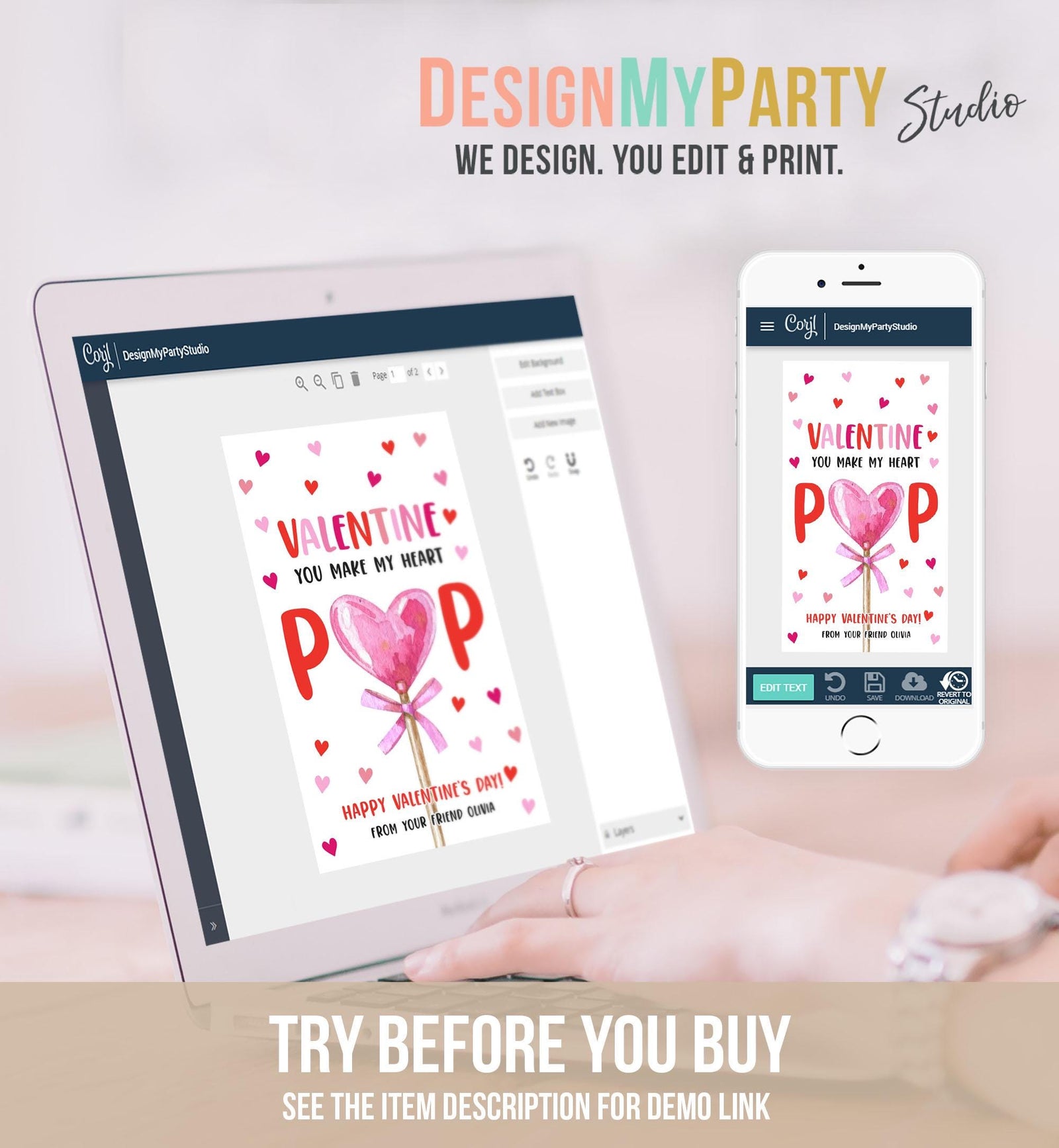 Editable Lollipop Valentines Tag Valentine's Day Gift Tag You Make My Heart Pop Sucker Kids School Classroom Digital Template Printable 0370