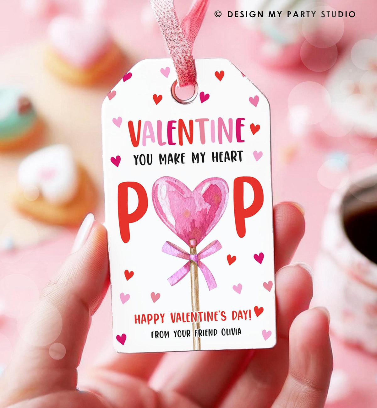 Editable Lollipop Valentines Tag Valentine&#39;s Day Gift Tag You Make My Heart Pop Sucker Kids School Classroom Digital Template Printable 0370