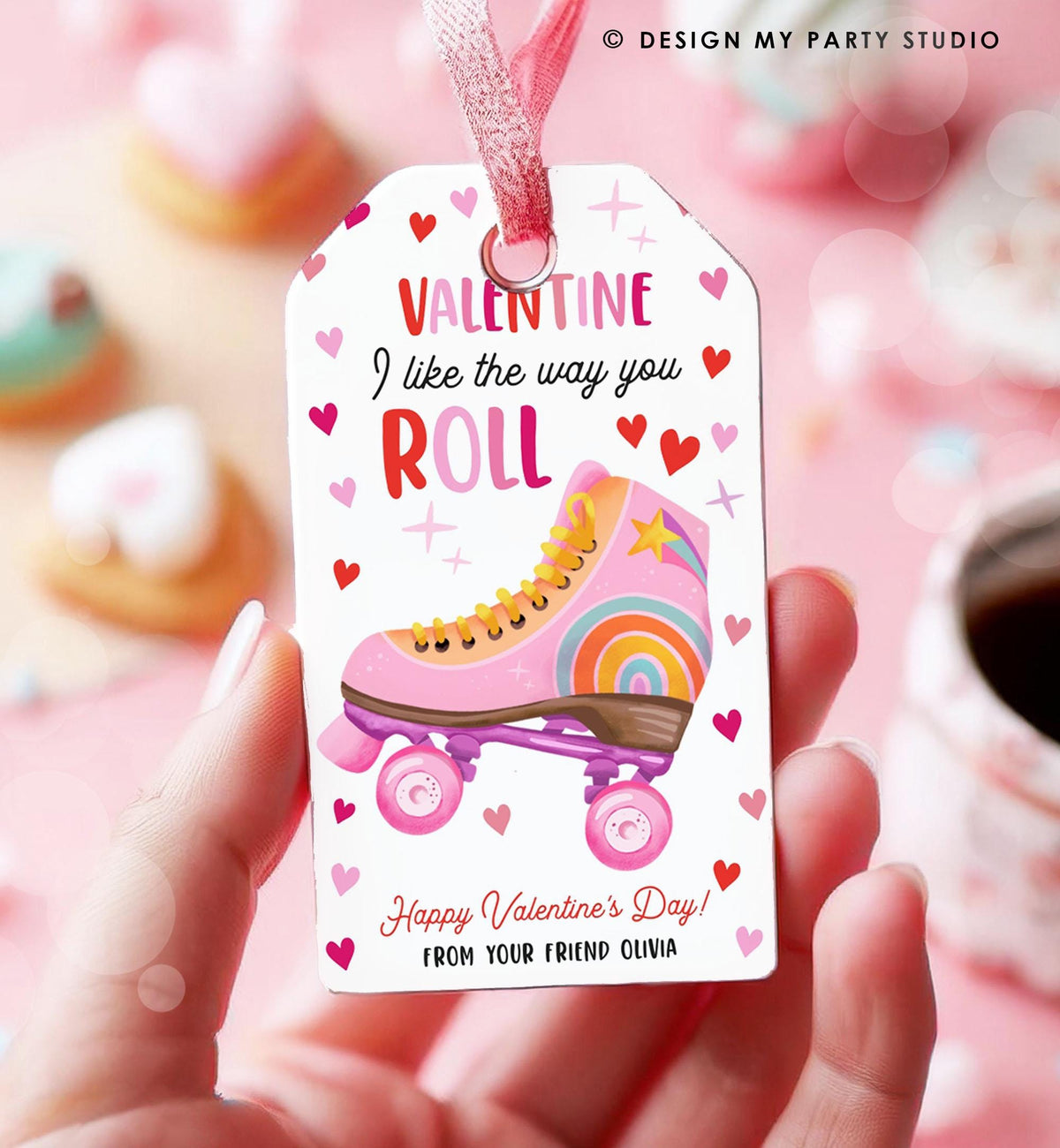 Editable Roller Skate Valentine&#39;s Day Gift Tag Valentines Card I Like The Way You Roll Kids School Classroom Digital Template Printable 0370