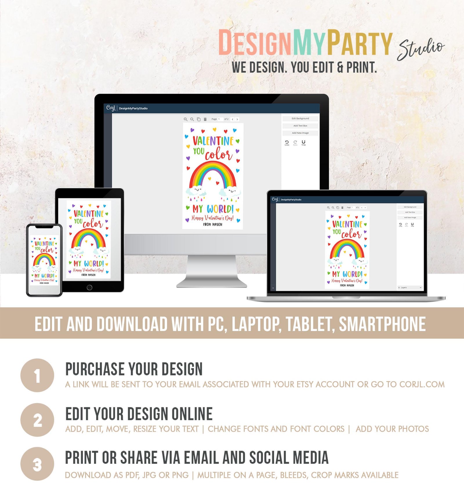 Editable Rainbow Valentine's Day Gift Tag You Color My World Valentine Card Crayon Classroom School Digital Download Template Printable 0370