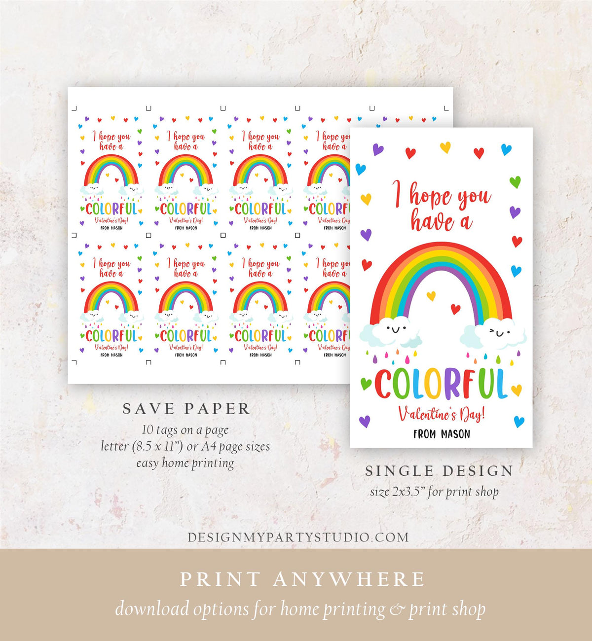 Editable Rainbow Valentine&#39;s Day Gift Tag Color Colorful Valentine Card Crayon Classroom School Digital Download Template Printable 0370