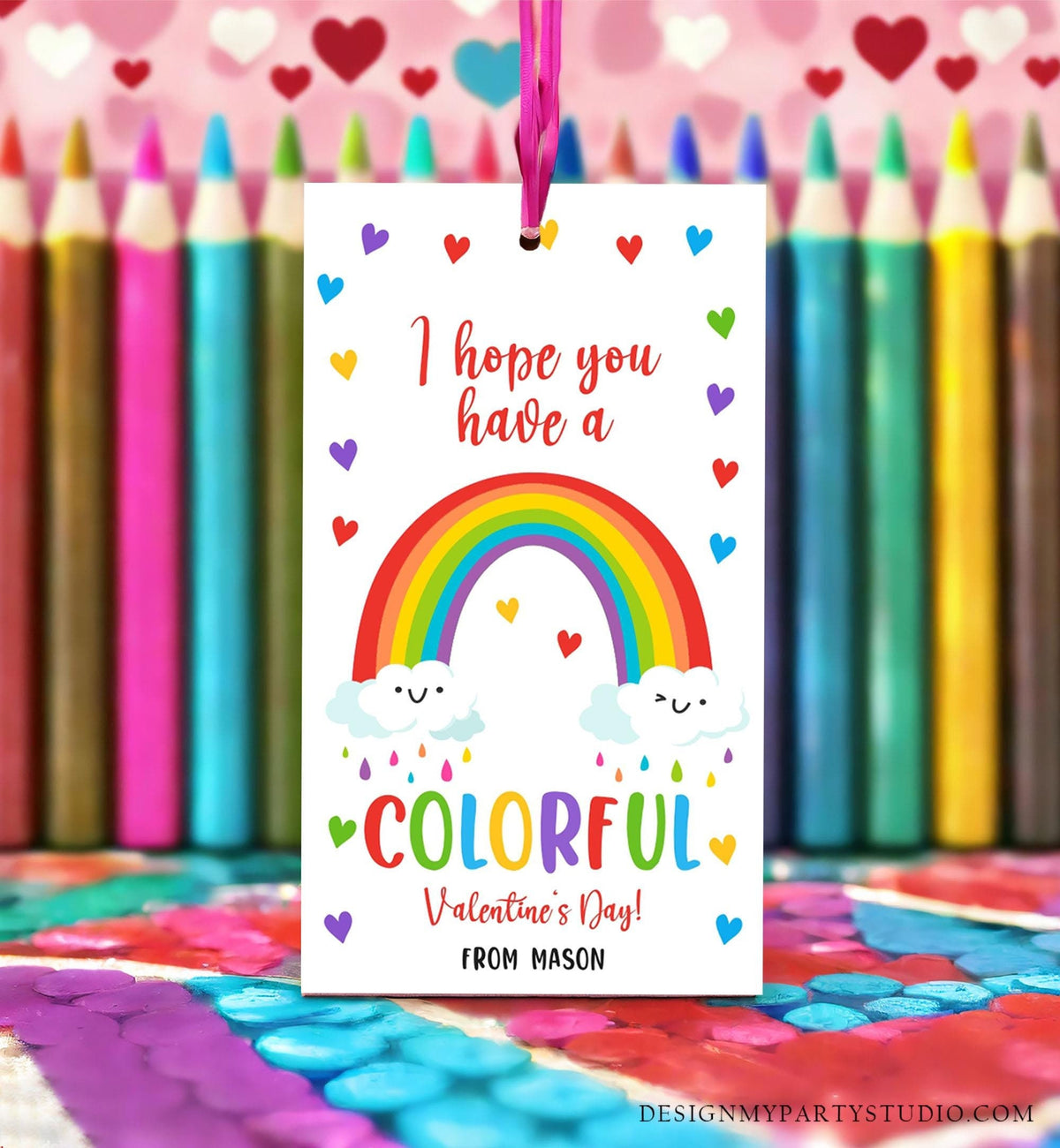 Editable Rainbow Valentine&#39;s Day Gift Tag Color Colorful Valentine Card Crayon Classroom School Digital Download Template Printable 0370