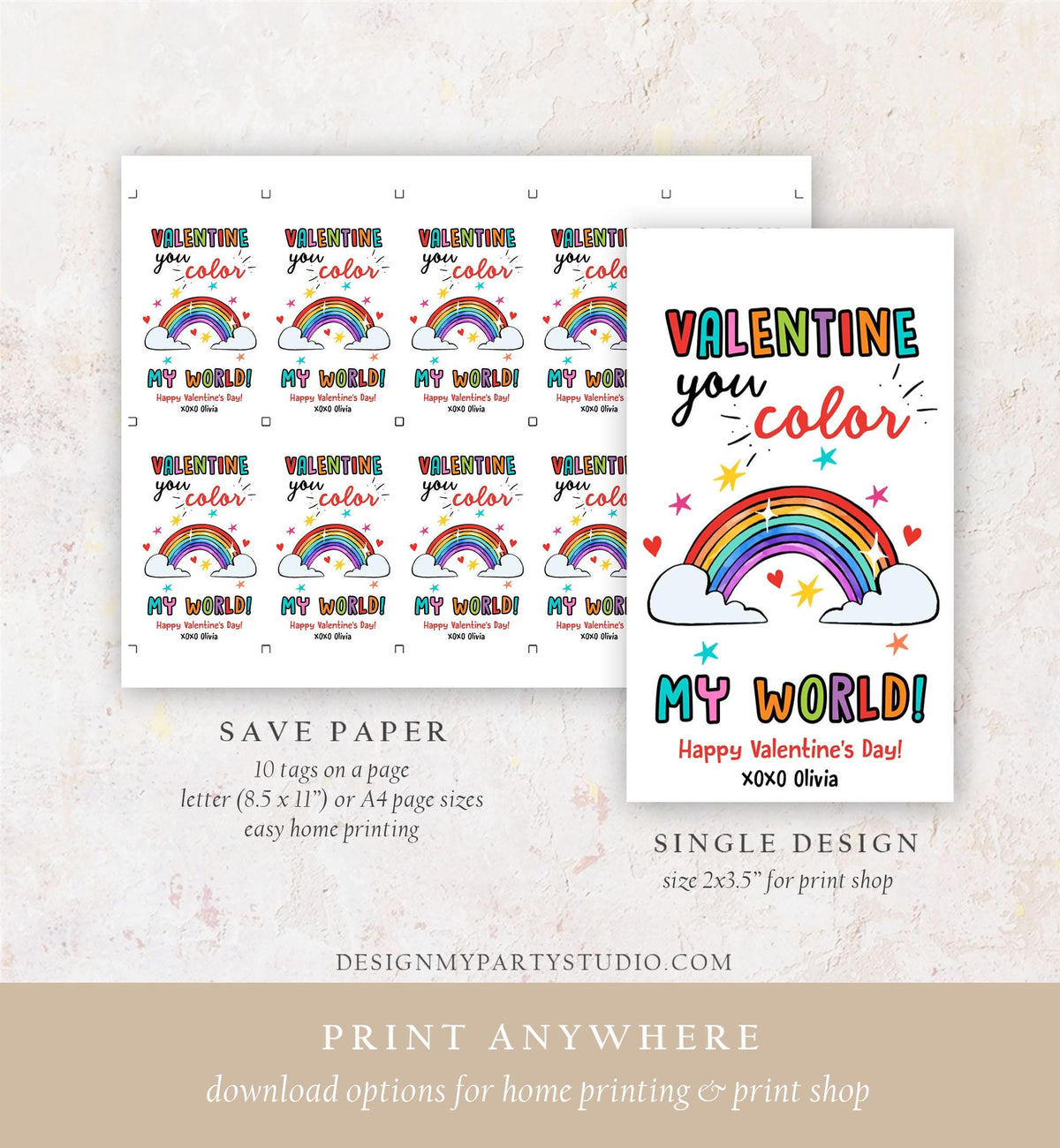 Editable Rainbow Valentine&#39;s Day Gift Tag You Color My World Valentine Card Crayon Classroom School Digital Download Template Printable 0370