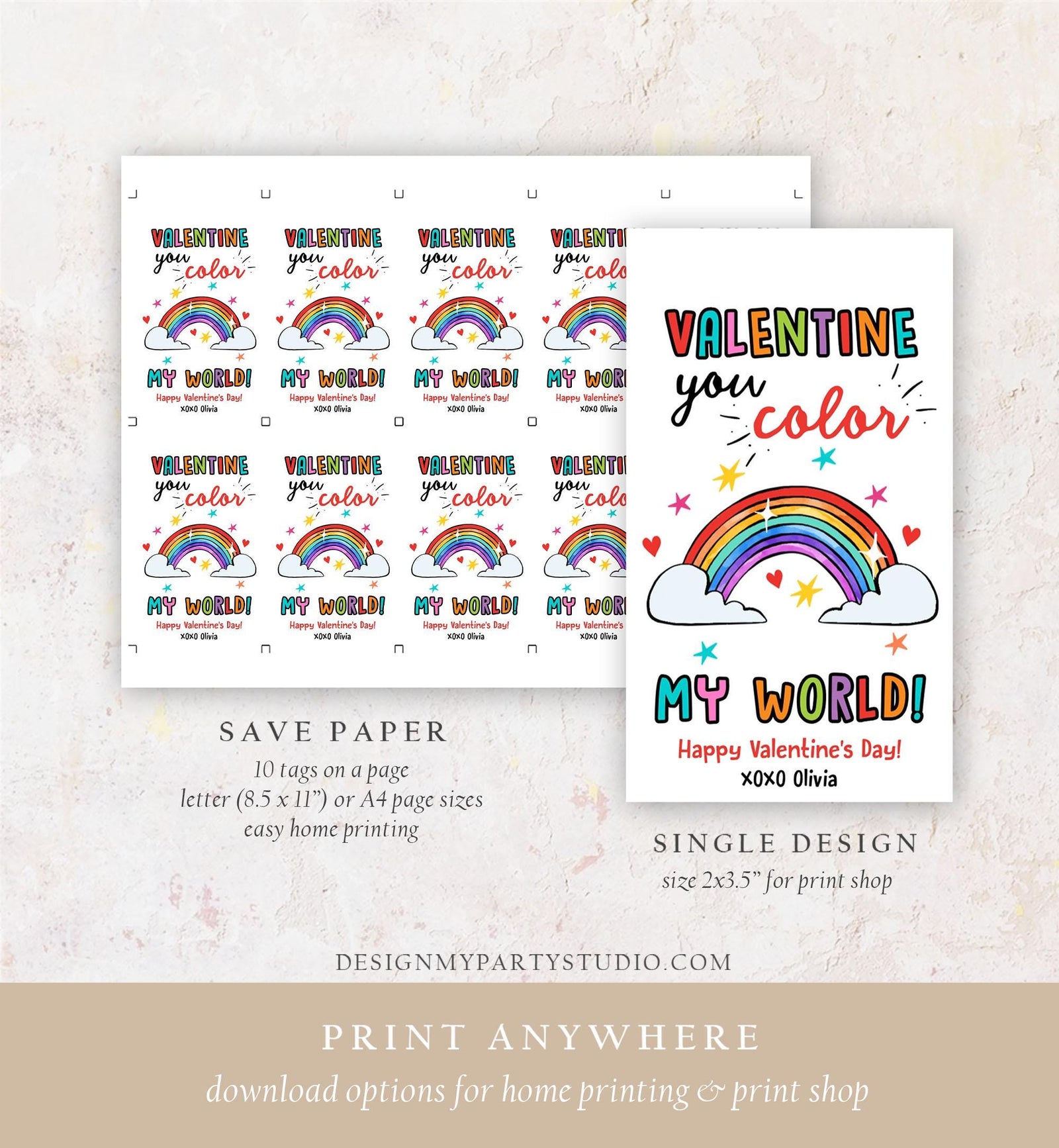 Editable Rainbow Valentine's Day Gift Tag You Color My World Valentine Card Crayon Classroom School Digital Download Template Printable 0370