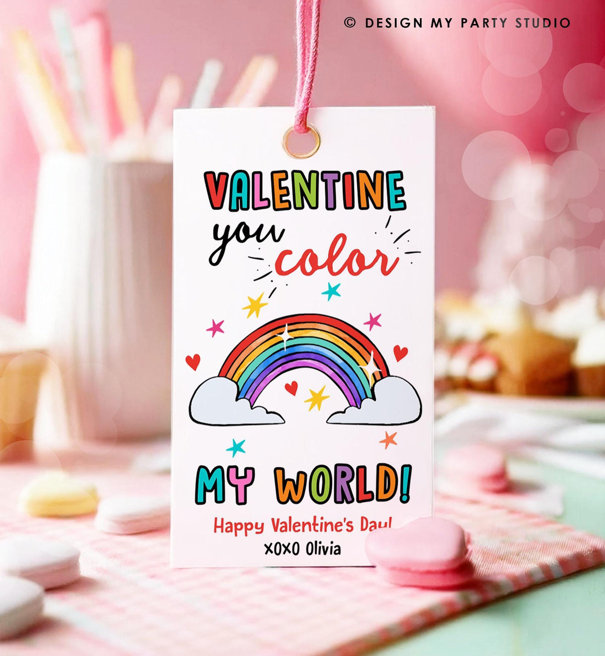 Editable Rainbow Valentine&#39;s Day Gift Tag You Color My World Valentine Card Crayon Classroom School Digital Download Template Printable 0370