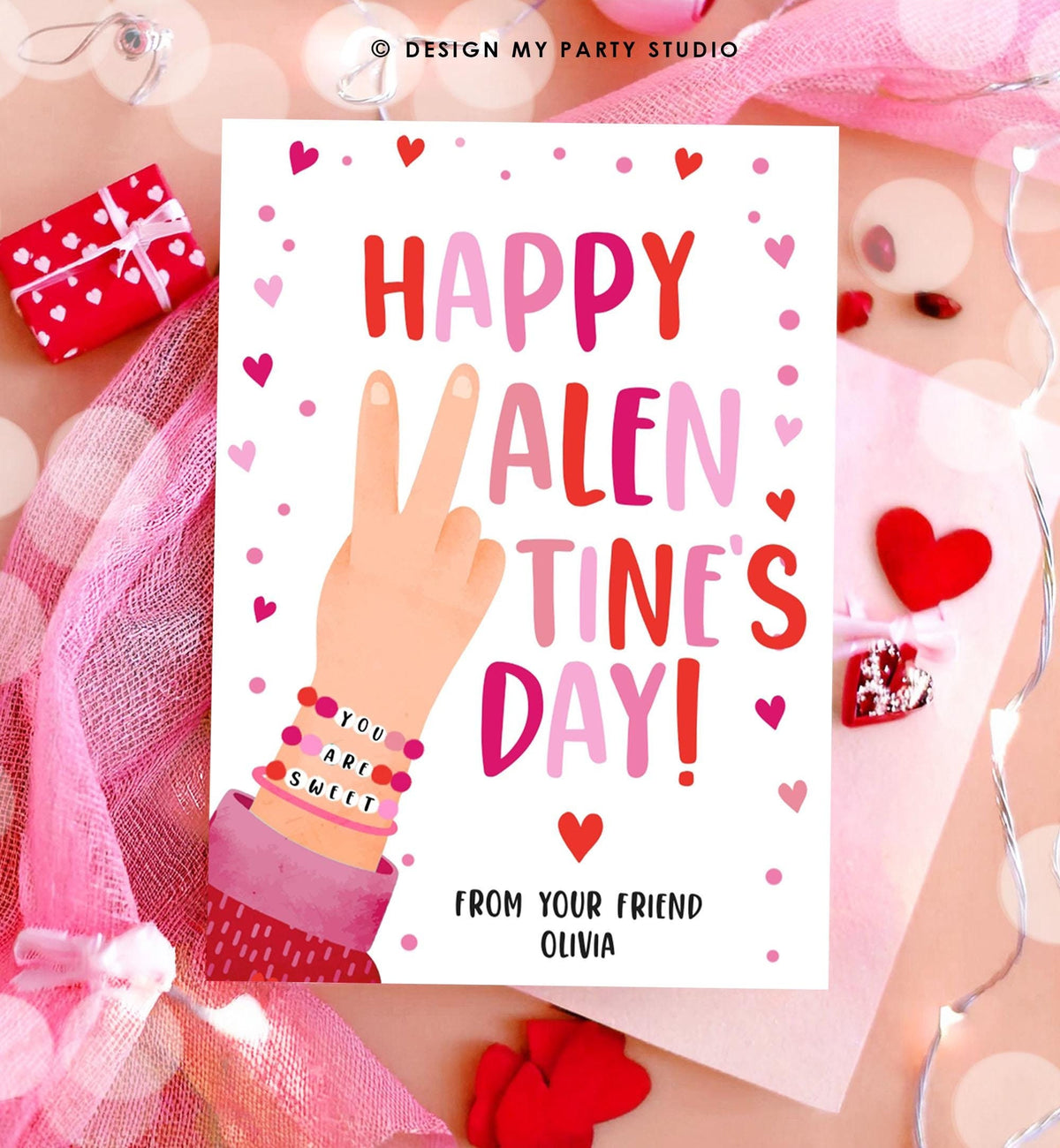 Editable Bracelet Valentines Card Happy Valentine&#39;s Day Gift Tag You Are Sweet Girls Kids School Classroom Digital Download Printable 0370