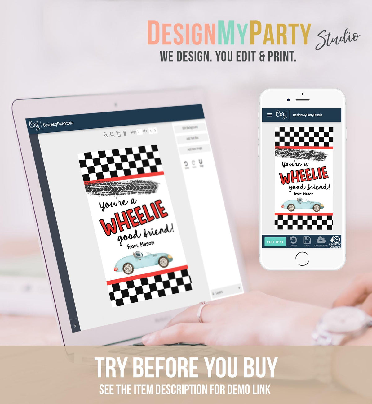 Editable Car Themed Valentine&#39;s Day Gift Tag Wheelie Good Friend Valentine Card Boys Favor Classroom School Digital Download Printable 0370