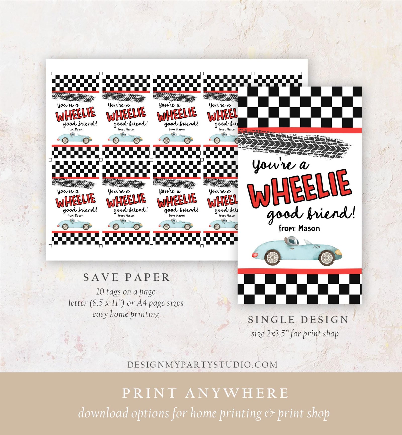 Editable Car Themed Valentine's Day Gift Tag Wheelie Good Friend Valentine Card Boys Favor Classroom School Digital Download Printable 0370