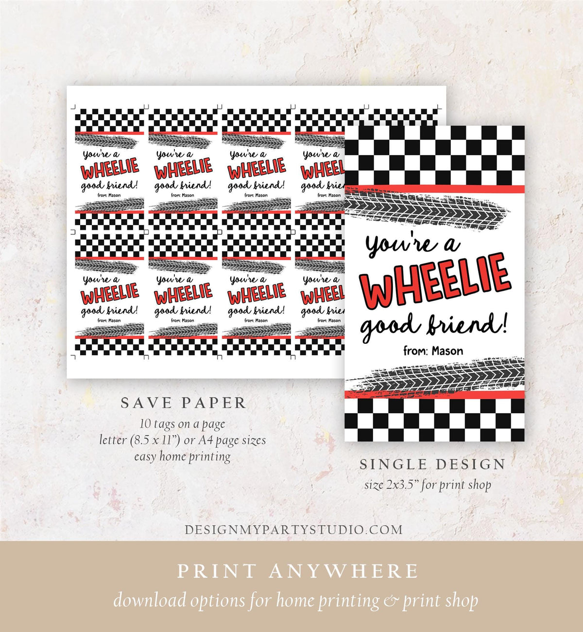 Editable Car Themed Valentine&#39;s Day Gift Tag Wheelie Good Friend Valentine Card Boys Favor Classroom School Digital Download Printable 0370