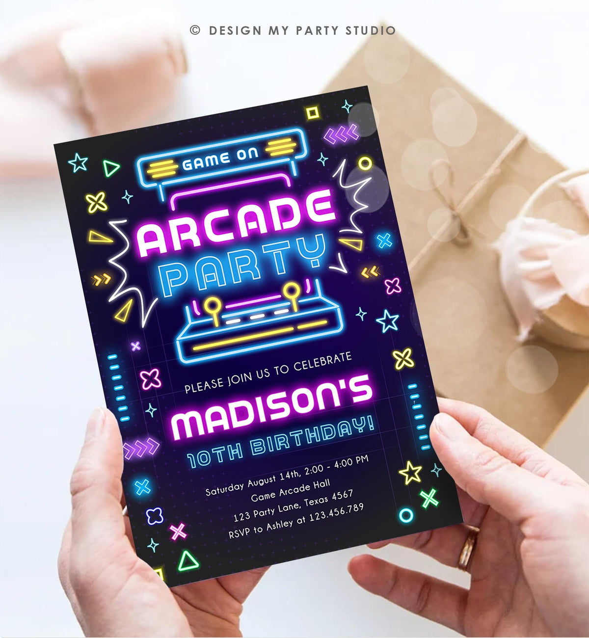 Editable Arcade Party Birthday Invitation Animals Neon Glow Game On Hall Girl Video Games Digital Download Evite Template Printable 0535