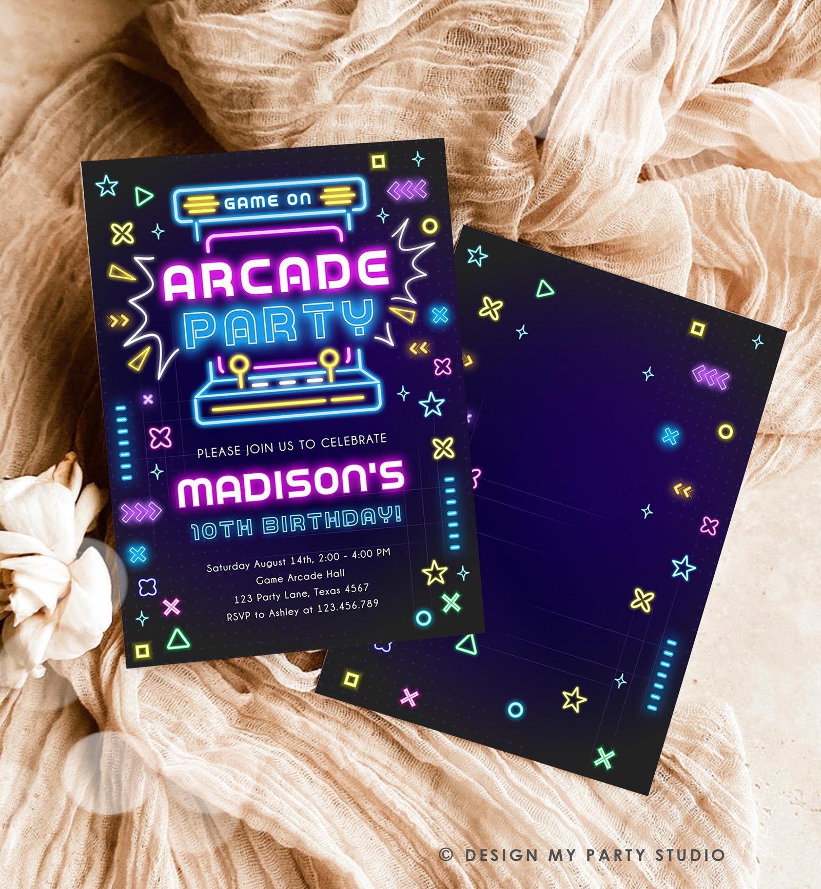 Editable Arcade Party Birthday Invitation Animals Neon Glow Game On Hall Girl Video Games Digital Download Evite Template Printable 0535