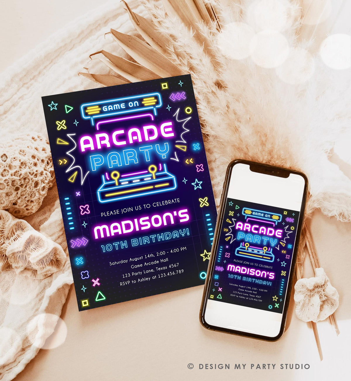 Editable Arcade Party Birthday Invitation Animals Neon Glow Game On Hall Girl Video Games Digital Download Evite Template Printable 0535