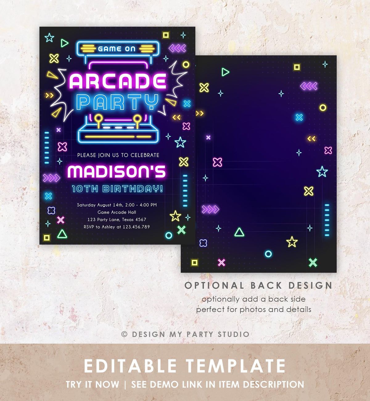 Editable Arcade Party Birthday Invitation Animals Neon Glow Game On Hall Girl Video Games Digital Download Evite Template Printable 0535