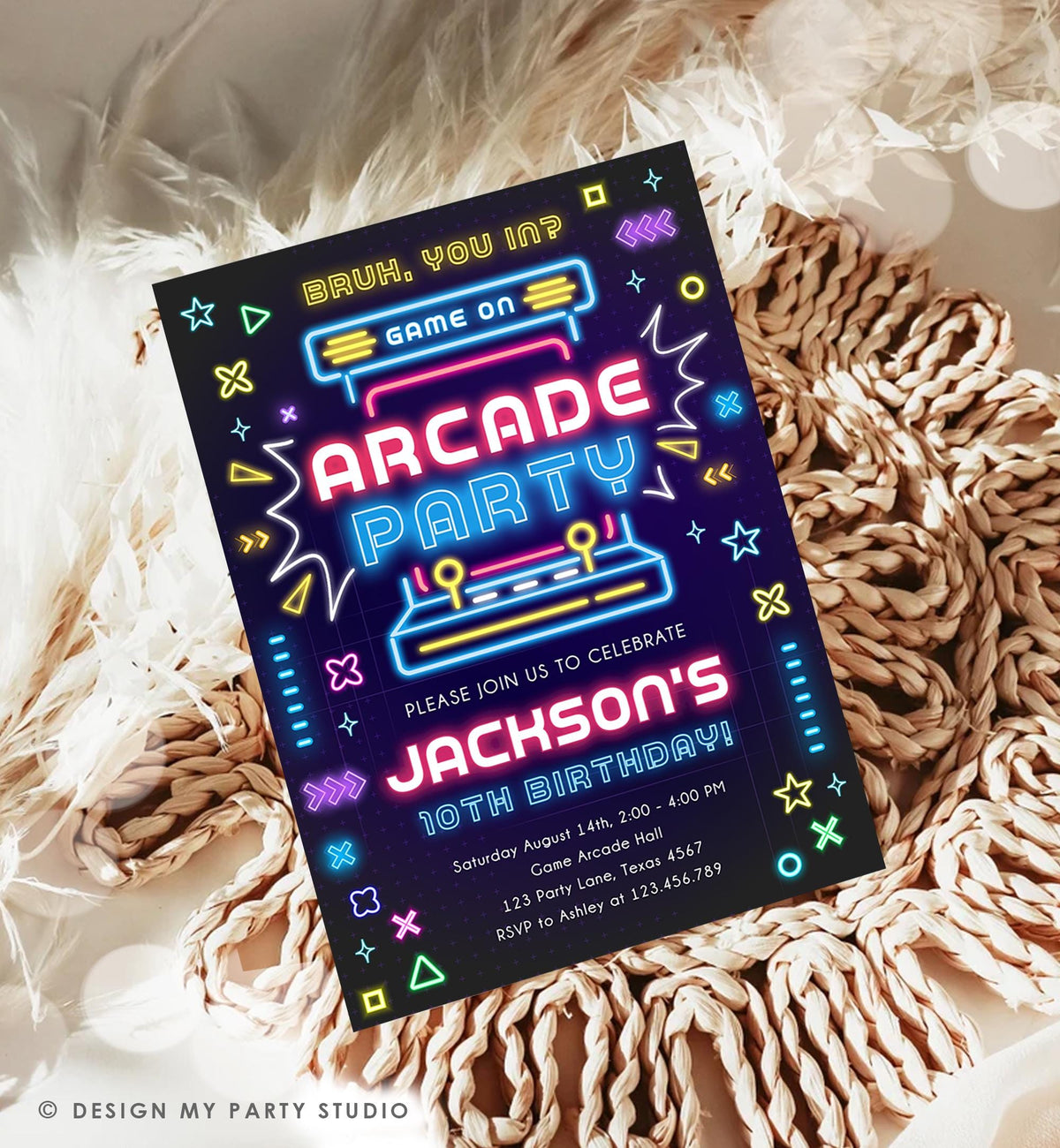 Editable Arcade Party Birthday Invitation Animals Neon Glow Game On Hall Boy Video Games Digital Download Evite Template Printable 0535