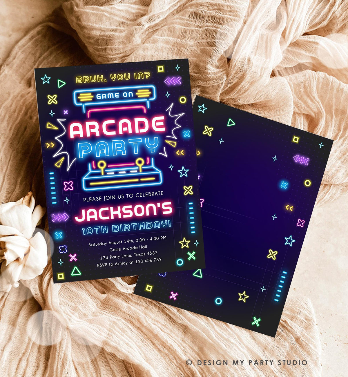 Editable Arcade Party Birthday Invitation Animals Neon Glow Game On Hall Boy Video Games Digital Download Evite Template Printable 0535