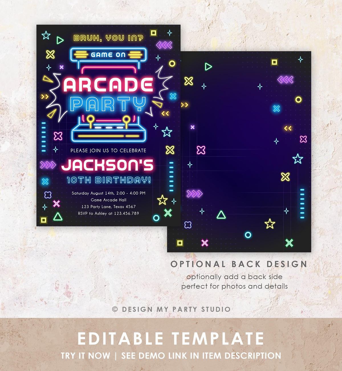 Editable Arcade Party Birthday Invitation Animals Neon Glow Game On Hall Boy Video Games Digital Download Evite Template Printable 0535