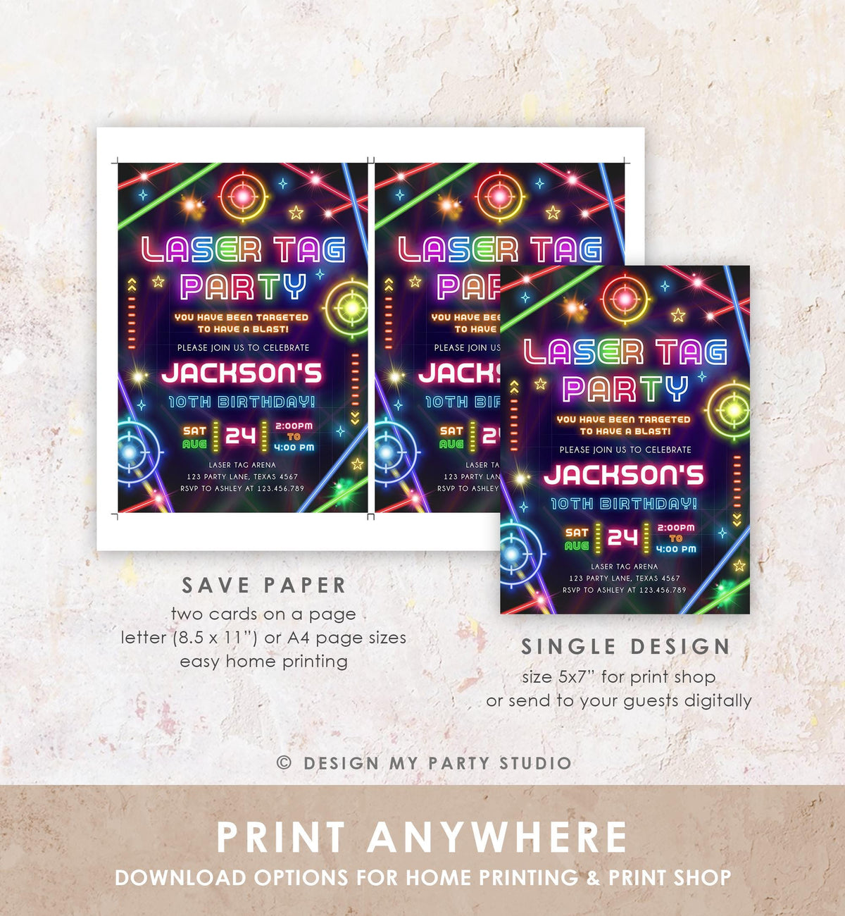 Editable Laser Tag Party Birthday Invitation Animals Neon Glow Arcade Lazer Game On Hall Boy Digital Download Evite Template Printable 0536